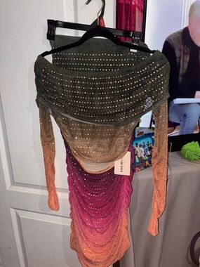 SHEIN Ombre Rhinestone Draped Long-Sleeve Dress - Green, Pink, Orange